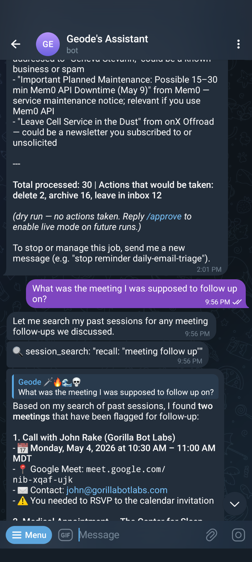 Dispatch answering a question about a meeting follow-up from memory