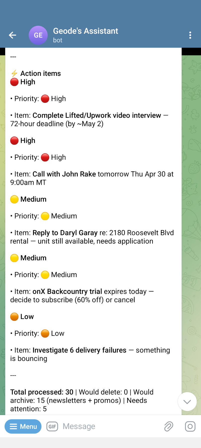 Dispatch morning briefing showing color-coded priorities in Telegram